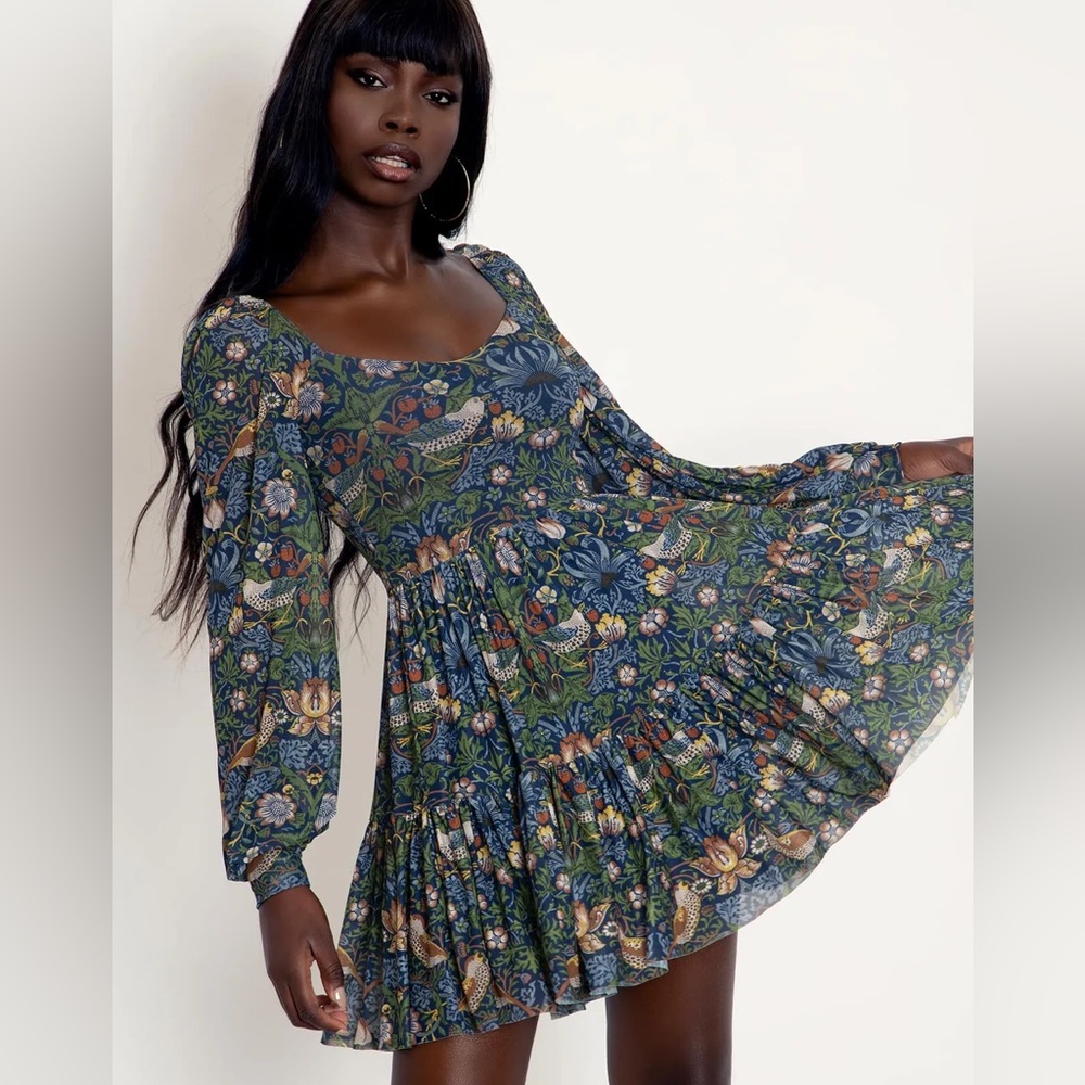 STRAWBERRY THIEF BLUE SWEET FRILL DRESS - LIMITED EDITION BLACKMILK